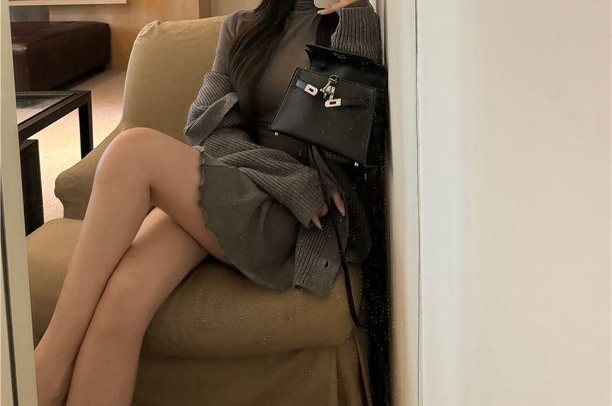 Long-Sleeve Turtleneck Plain Lettuce Edge Mini A-Line Dress Product Image