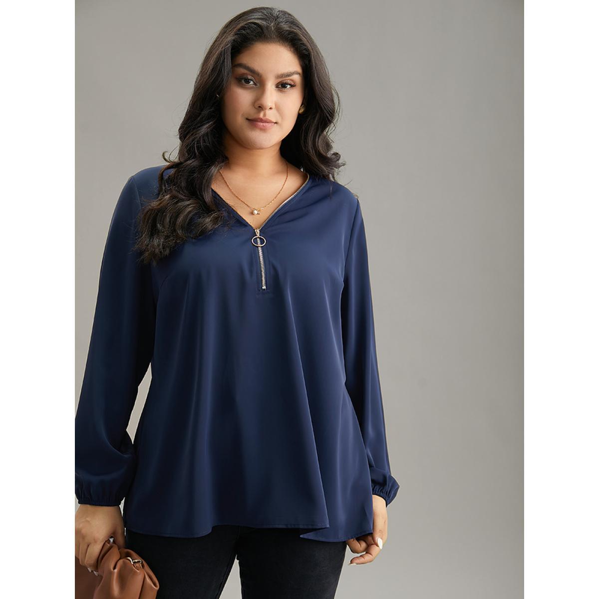 Plus Size Aegean Static-Free Plain Zipper Elastic Cuffs Blouse Women Office Long Sleeve V-neck Work Blouses BloomChic 12/L Product Image