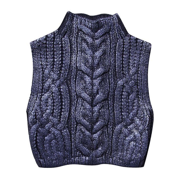 Mock Neck Cable Knit Plain Crop Sweater Vest Product Image