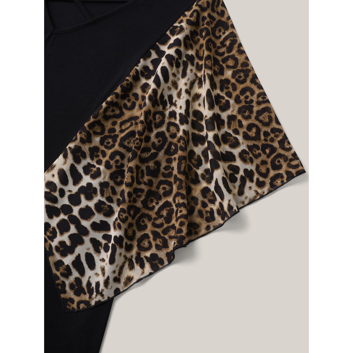 Plus Size Leopard Spliced Tied Flared Sleeve T-Shirt Black Women Casual Contrast V-neck Everyday T-shirts BloomChic 26/4X Product Image