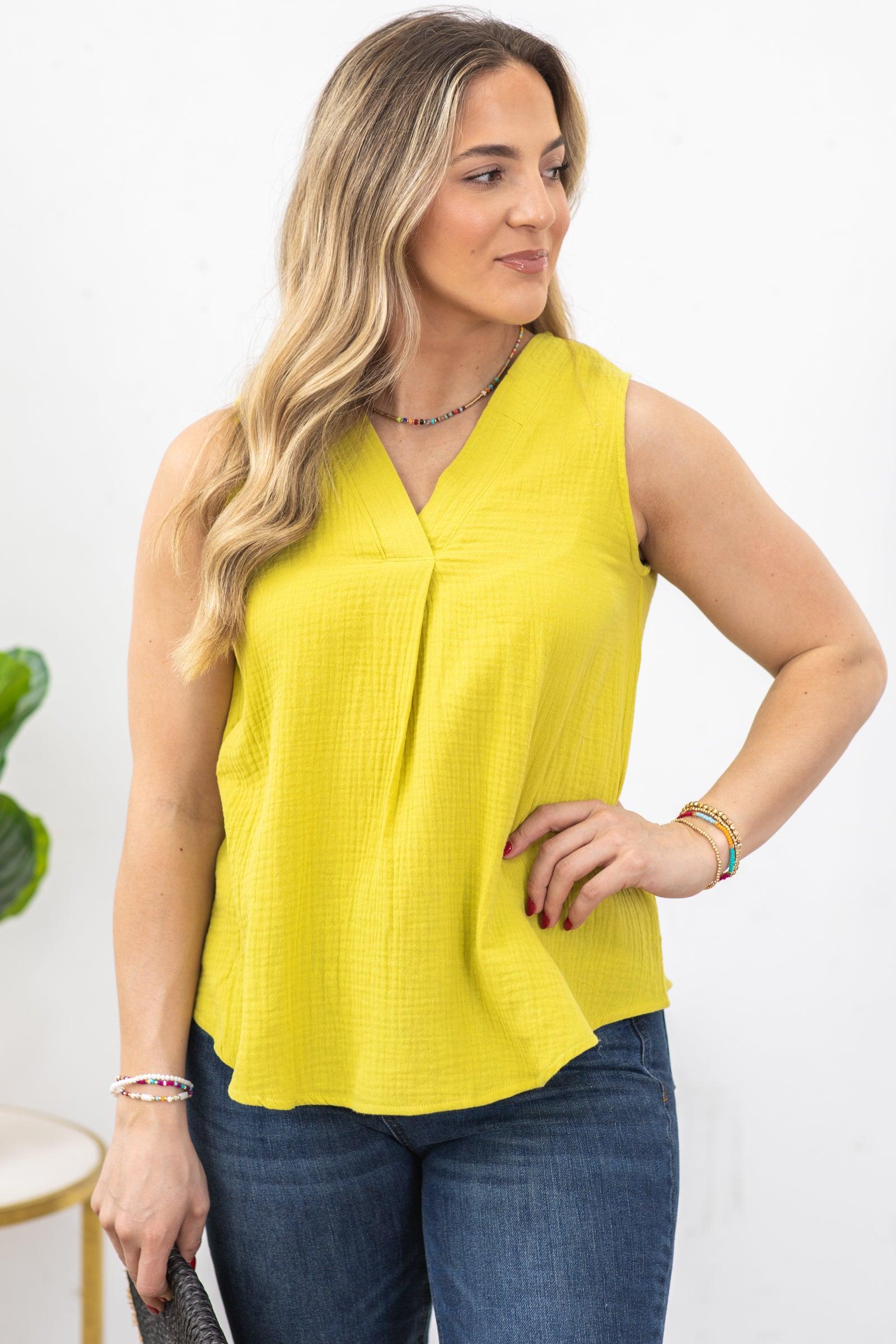 Light Olive Pleated Front V-Neck Woven Tank Product Image