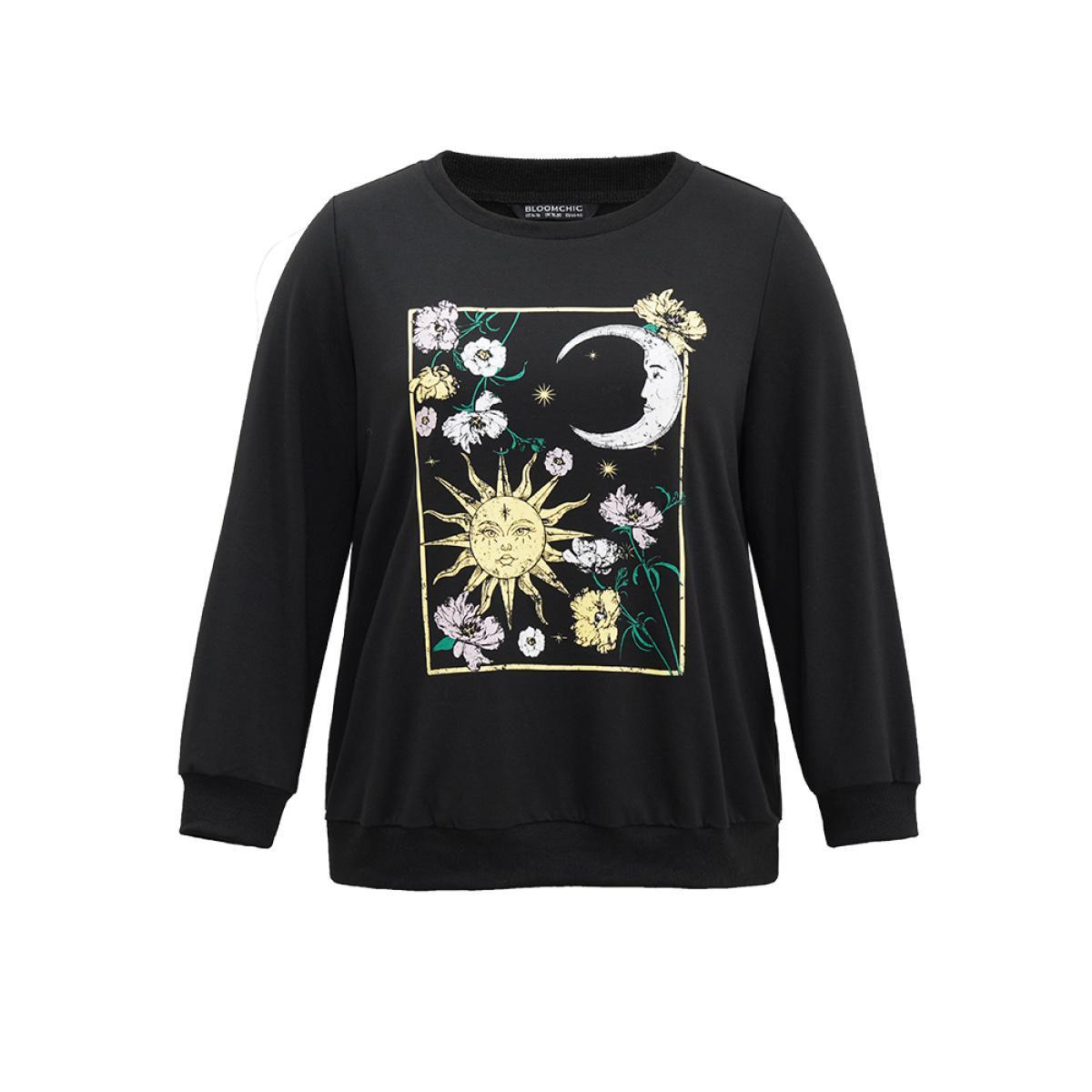 Plus Size Horoscope Print Rib Knit Round Neck Sweatshirt Women Black Casual Rib Knit Dailywear Sweatshirts BloomChic 14-16/1X Product Image
