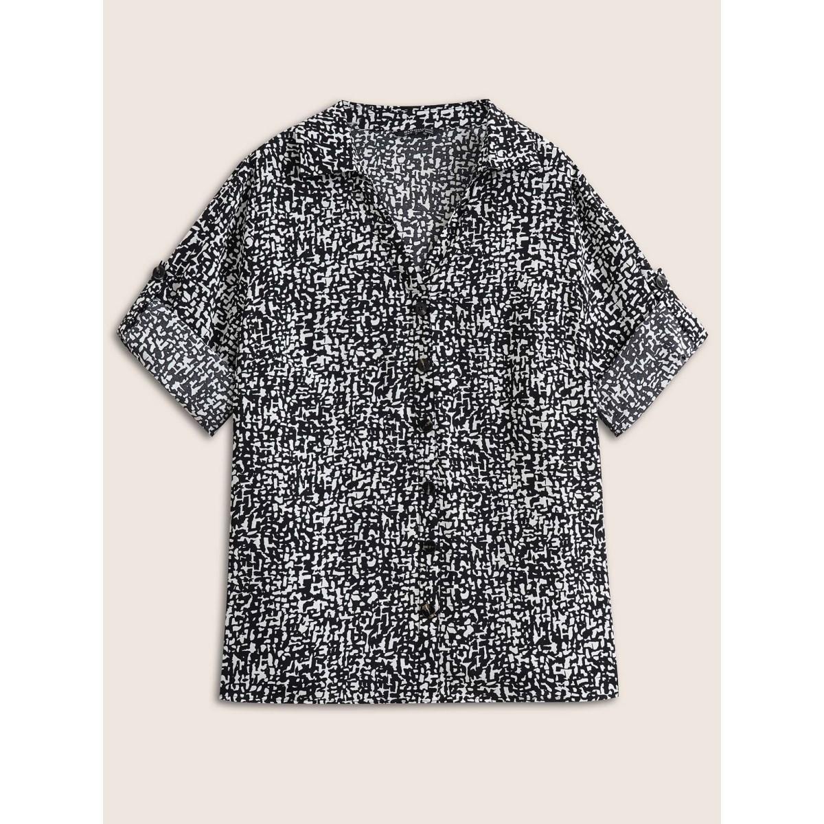Plus Size Black Geometric Shirt Collar Button Through Tab Sleeve Blouse Women At the Office Elbow-length sleeve Shirt collar Work Blouses BloomChic 10/M Product Image