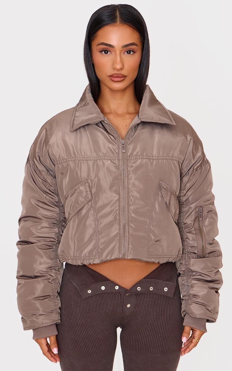Petite Taupe Ruched Sleeve Bomber Jacket Product Image