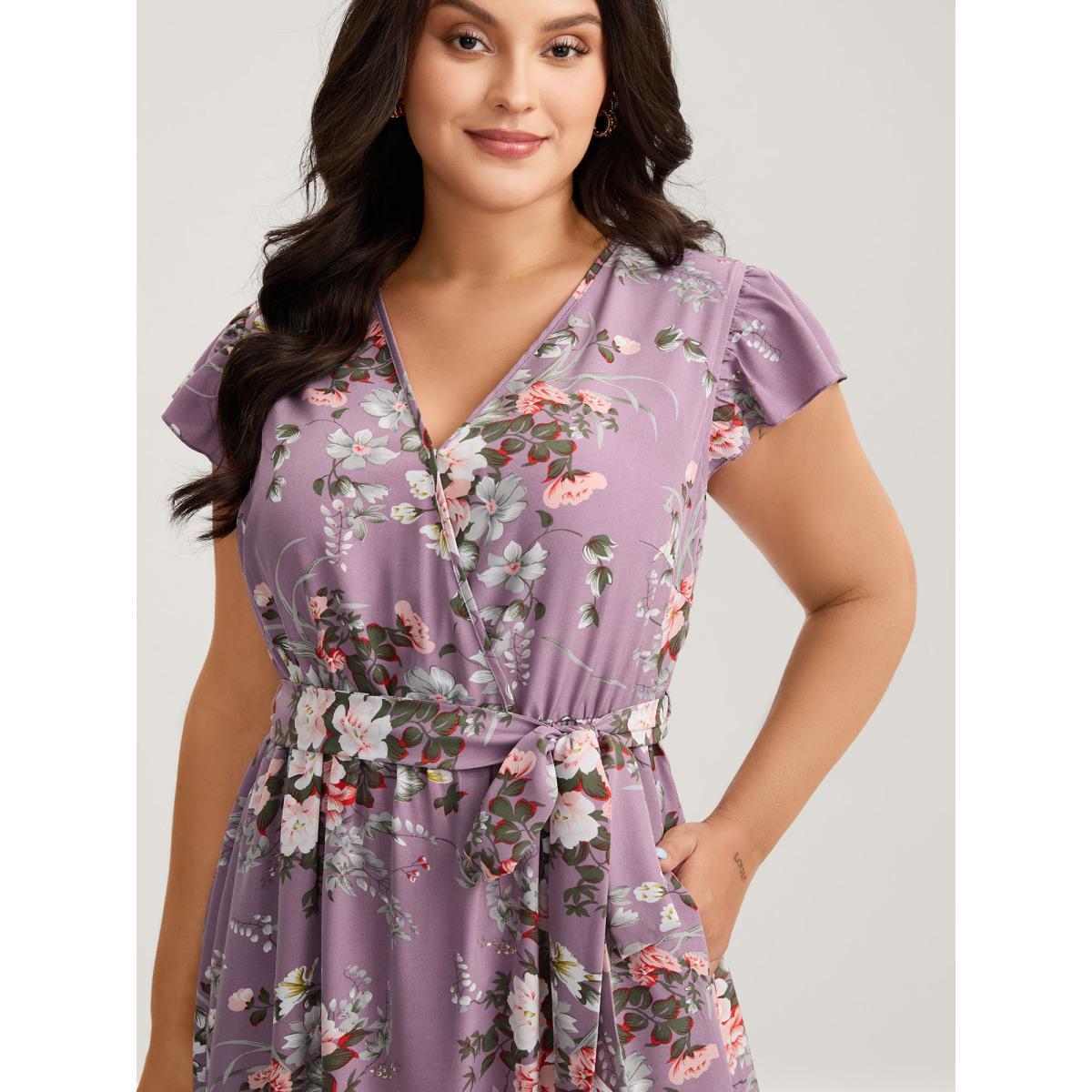 Plus Size Midnight Blooms Wrap A-Line Midi Dress Mauve Women Overlap Collar Cap Sleeve Curvy BloomChic 14-16/1X Product Image