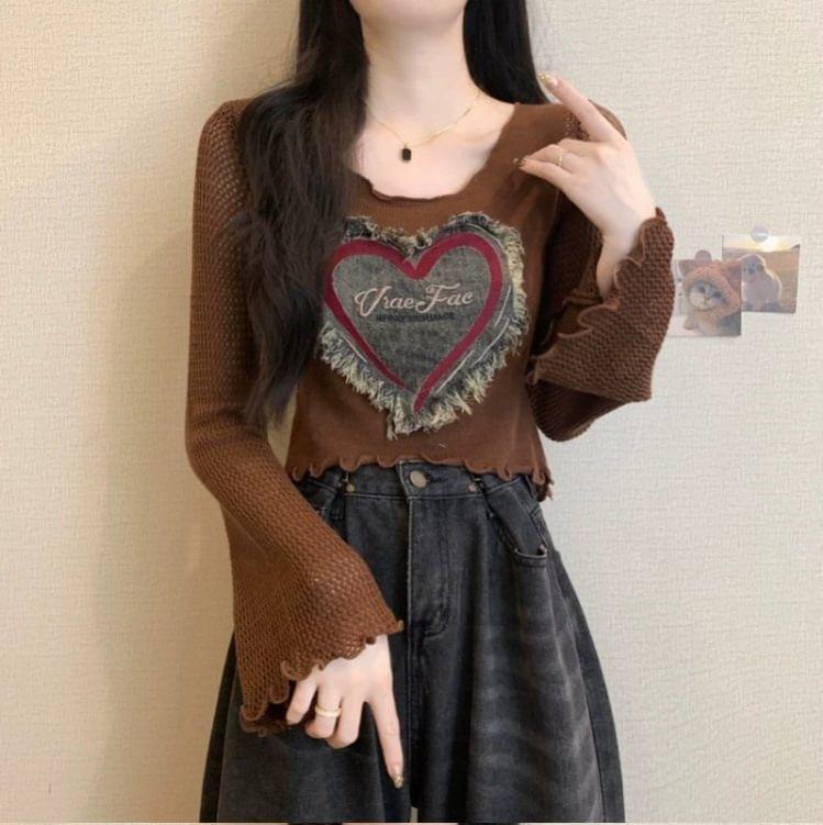 Long-Sleeve Scoop Neck Heart Denim Patchwork Lettuce Edge Crop Knit Top Product Image