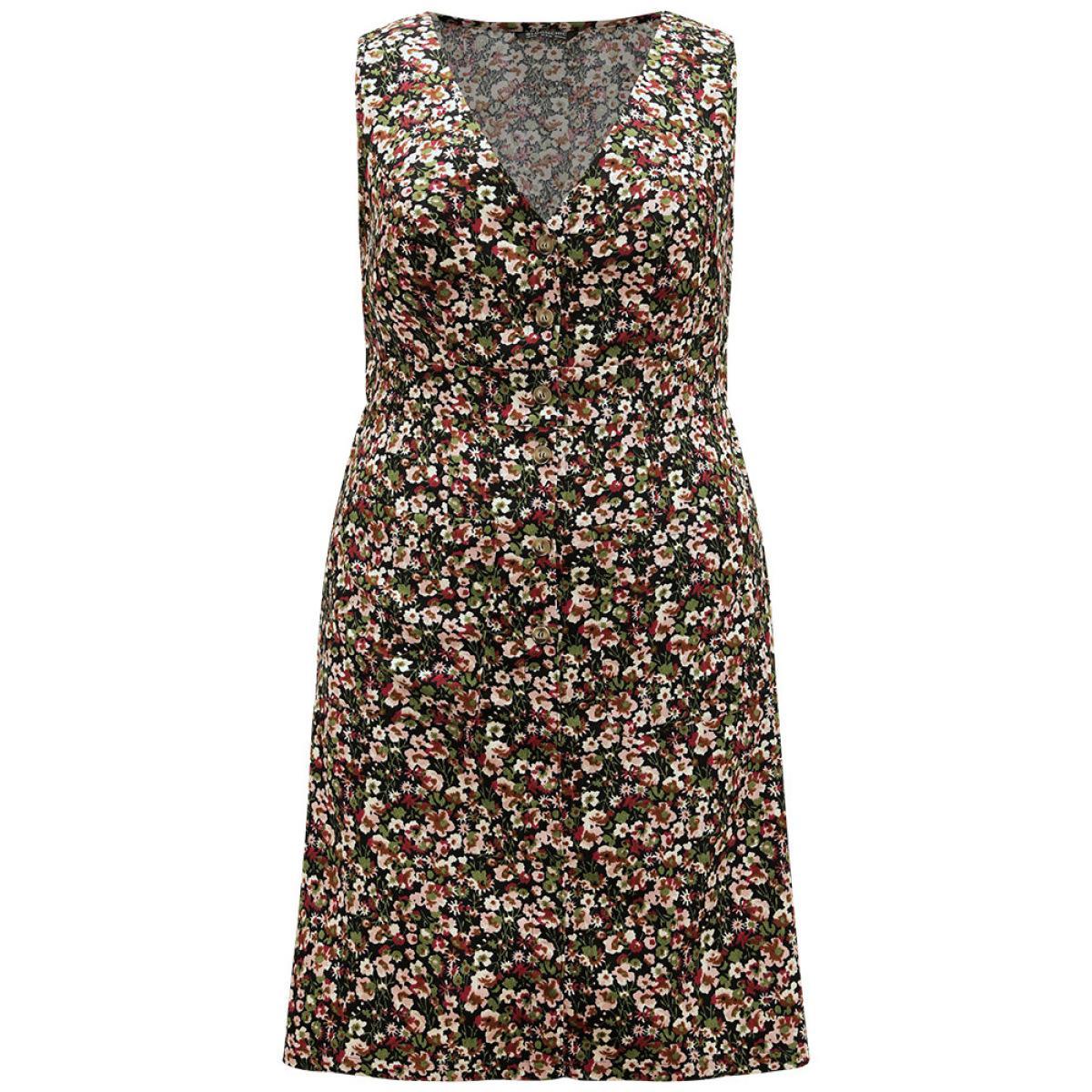 Plus Size Ditsy Floral Pocket Button Detail Tank Dress Indigo Women Elegant Printed V-neck Sleeveless Curvy Knee Dress BloomChic 12/L Product Image