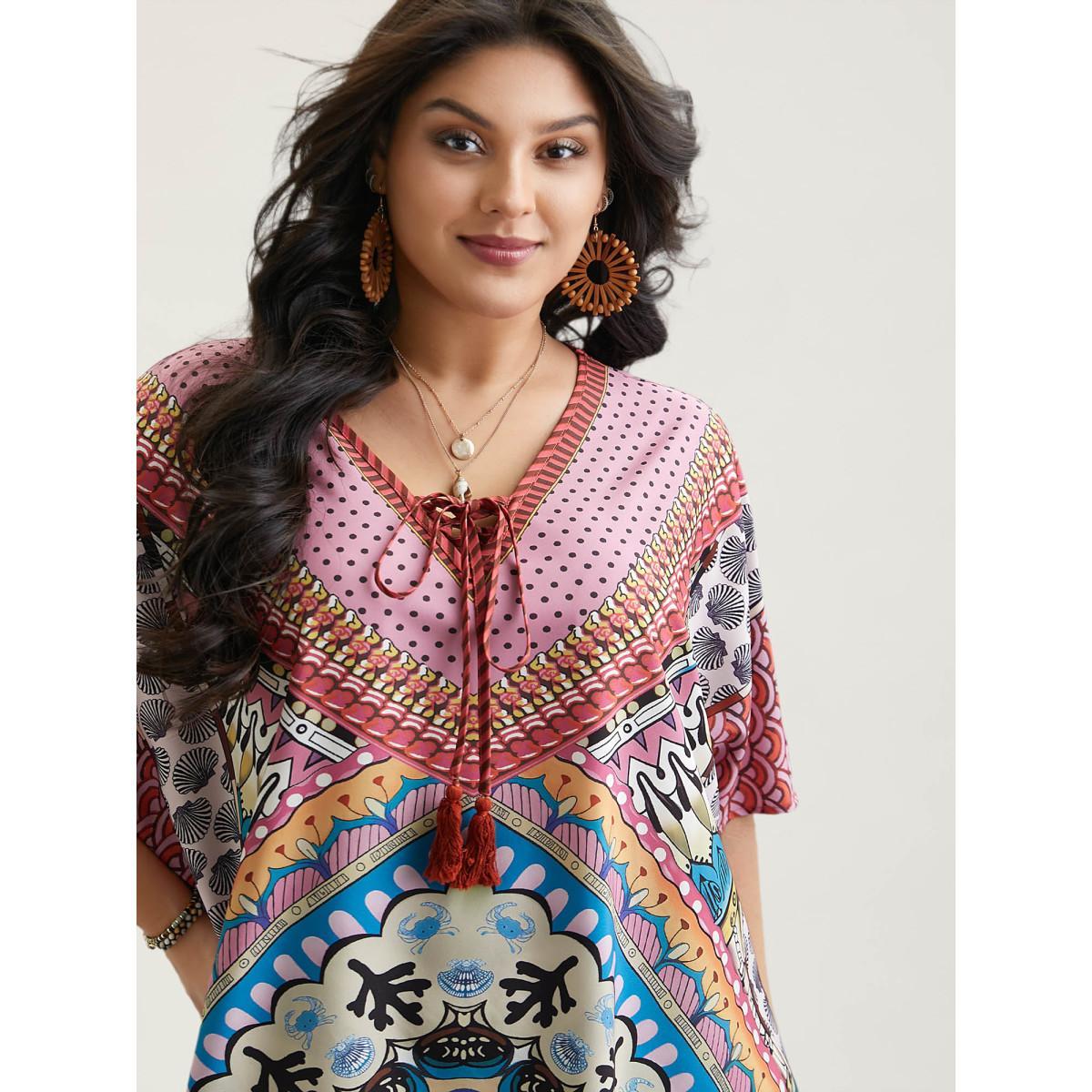 Plus Size Boho Print Ties Slit Curved Hem Midi Dress Cerulean Women Resort Wraparound straps V-neck Half Sleeve Curvy BloomChic 14-16/1X Product Image