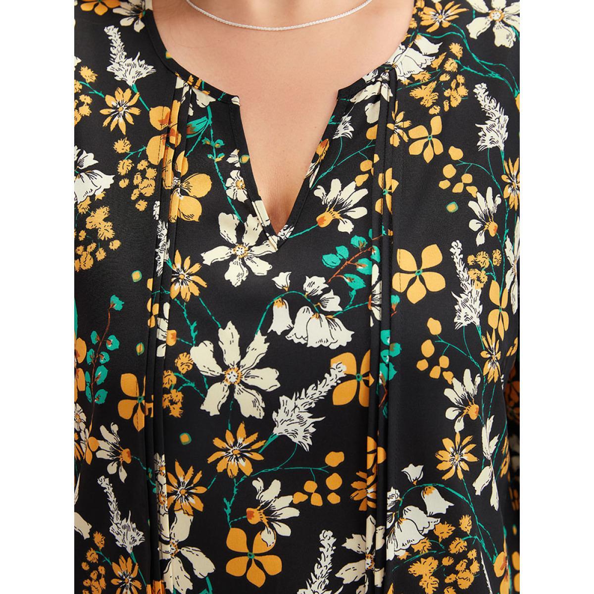 Plus Size Black Floral Print Pleated Notched Lantern Sleeve Blouse Women Elegant Elbow-length sleeve Notched collar Dailywear Blouses BloomChic 12/L Product Image