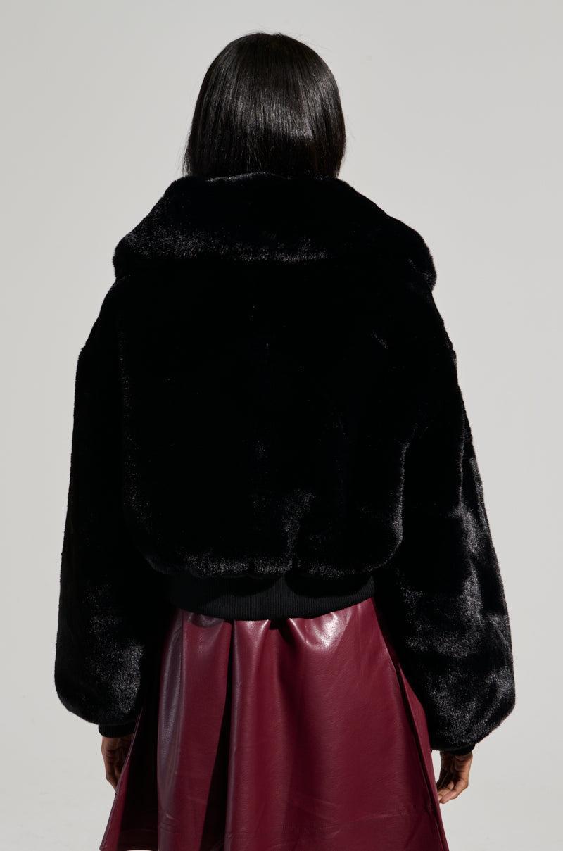 DREW FAUX FUR BOMBER WITH RIB TRIM IN BLACK Product Image