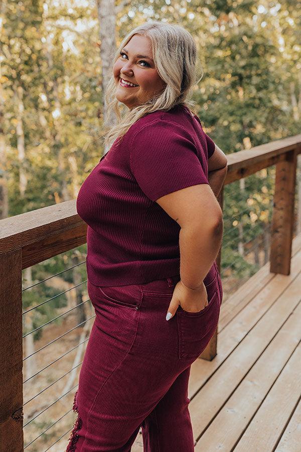 Cafe Hangout Ribbed Henley Top in Merlot Curves Product Image