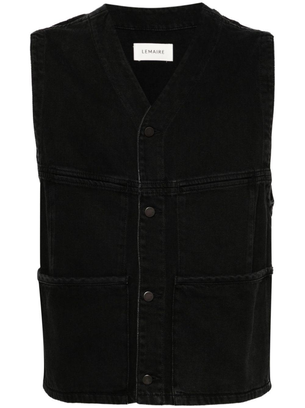 V-neck Sleeveless Denim Gilet In Black Product Image