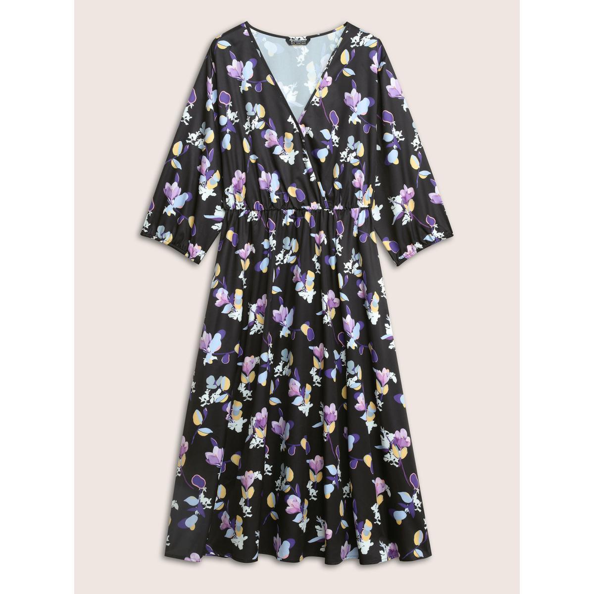 Plus Size Floral Wrap Elastic Waist Lantern Sleeve Cropped Dress Black Women Elegant Non Overlap Collar Elbow-length sleeve Curvy Midi Dress BloomChic 18-20/2X Product Image