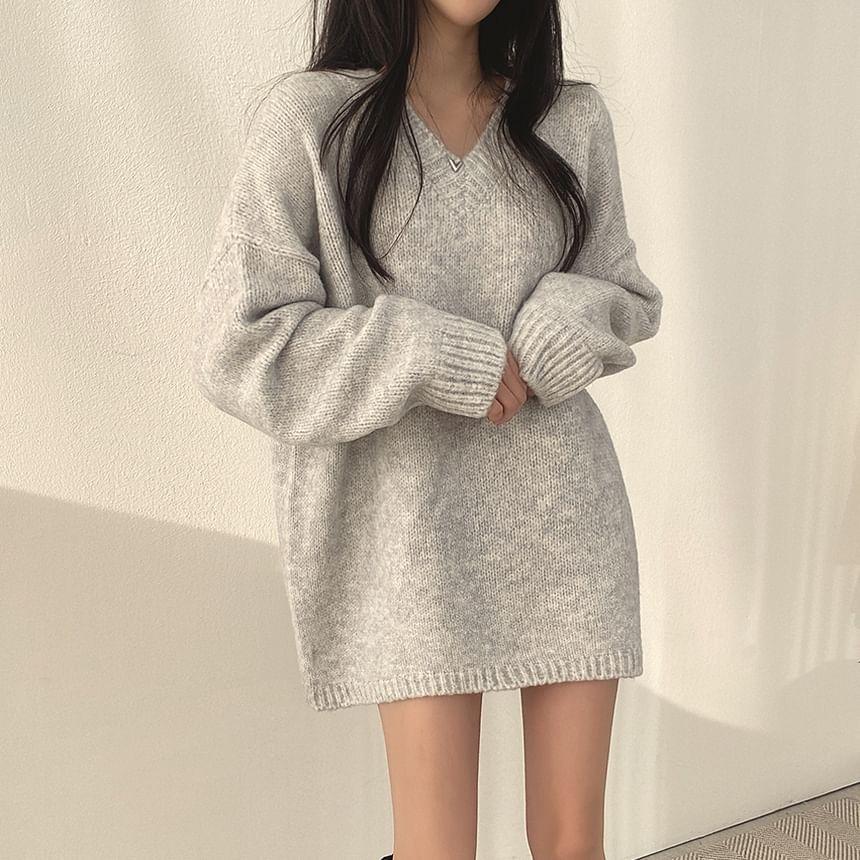 V-Neck Plain Oversized Sweater Product Image