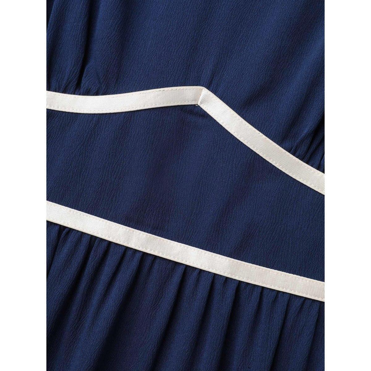 Plus Size Textured Stretchy Waist Milkmaid Style Midi Dress Indigo Women Casual Woven ribbon&lace trim Heart neckline Short sleeve Curvy BloomChic 18-20/2X Product Image