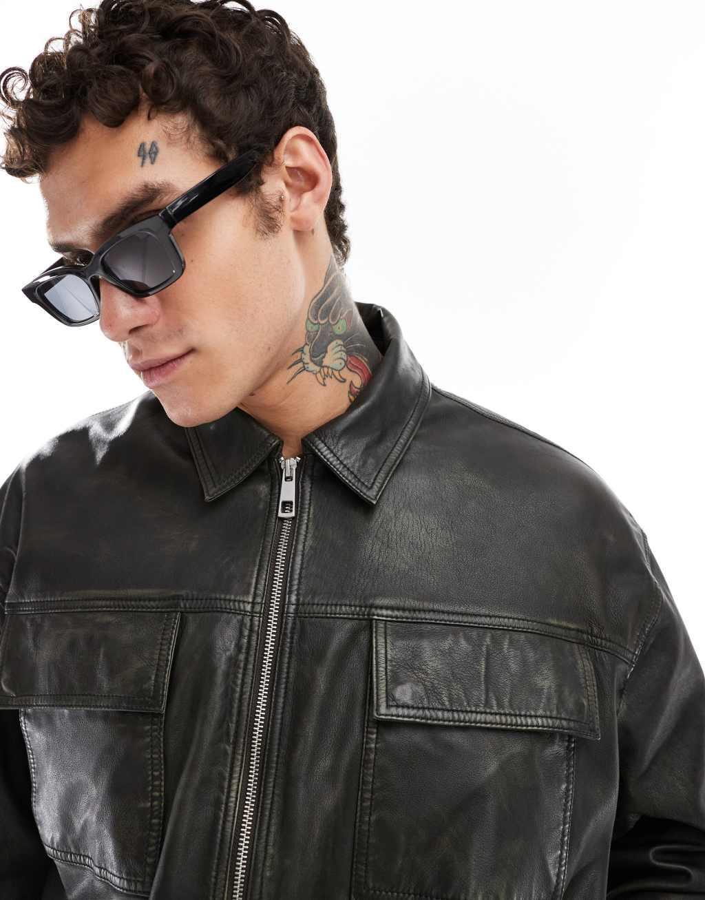 ASOS DESIGN premium real leather oversized distressed harrington jacket in black Product Image
