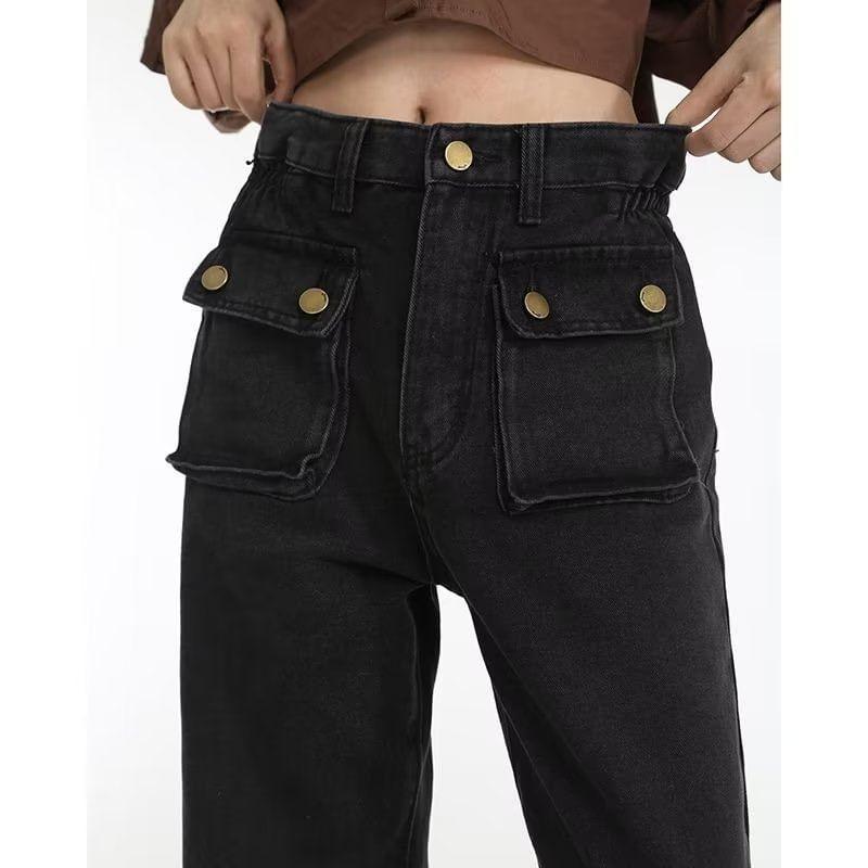Mid Waist Pocket Detail Wide Leg Jeans Product Image