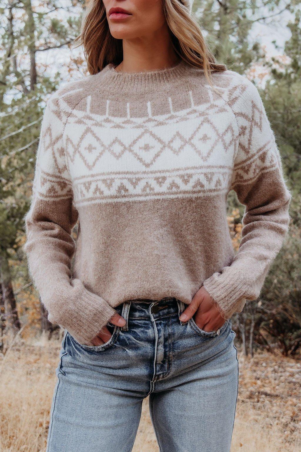Taupe Aztec Print Mock Neck Sweater - FINAL SALE Product Image