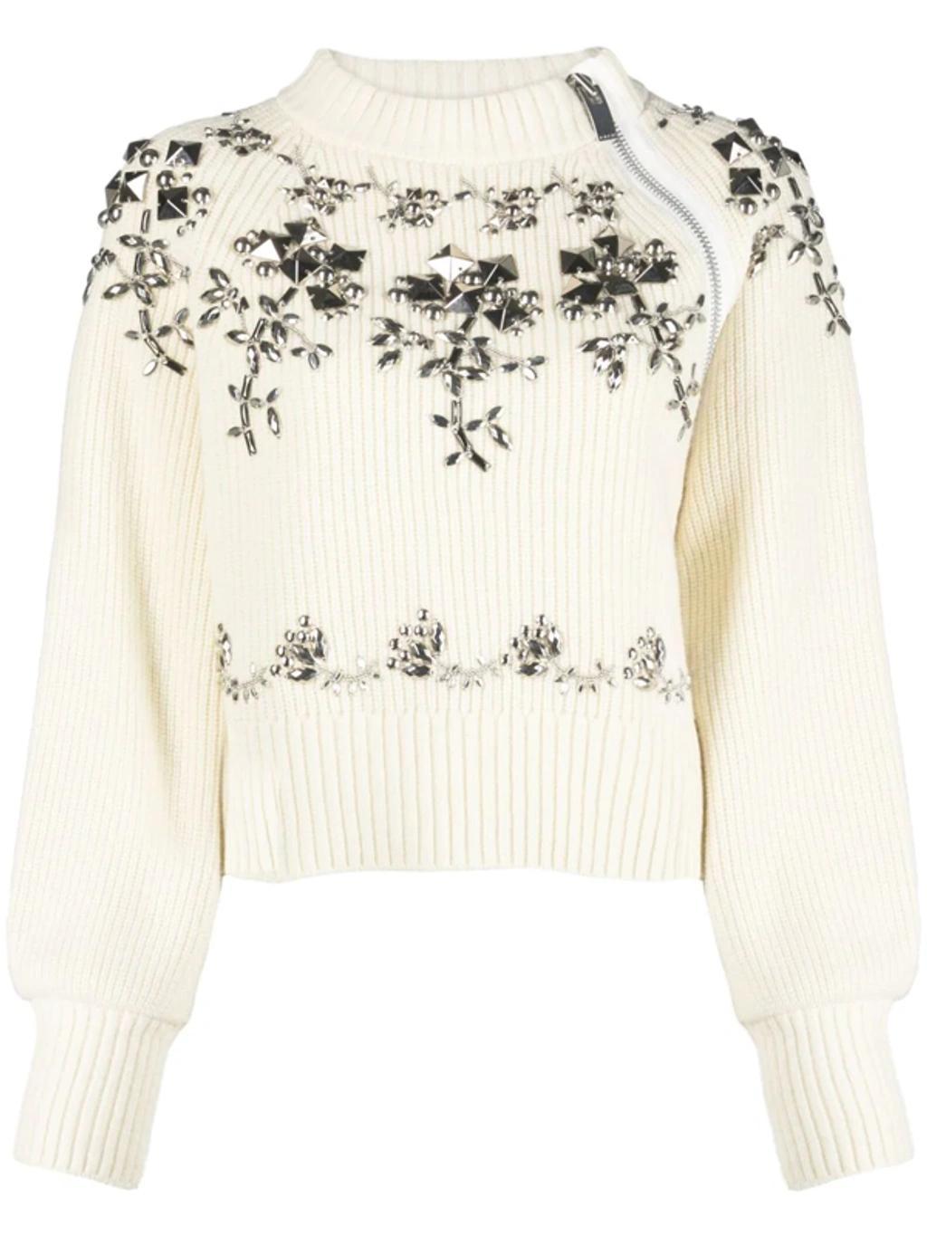 SACAI Stud And Sequin-embellished Wool-knit Jumper In Off White Product Image
