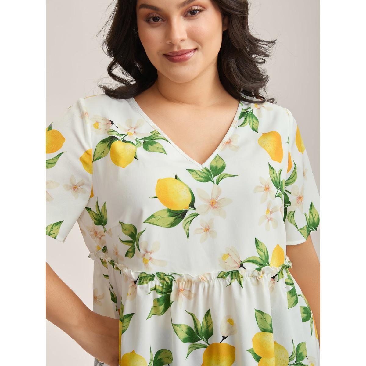 Plus Size WhiteSmoke Citrus Print Petal Trim Blouse Women Short sleeve V-neck Everyday-Casual Blouses BloomChic 30/6X Product Image