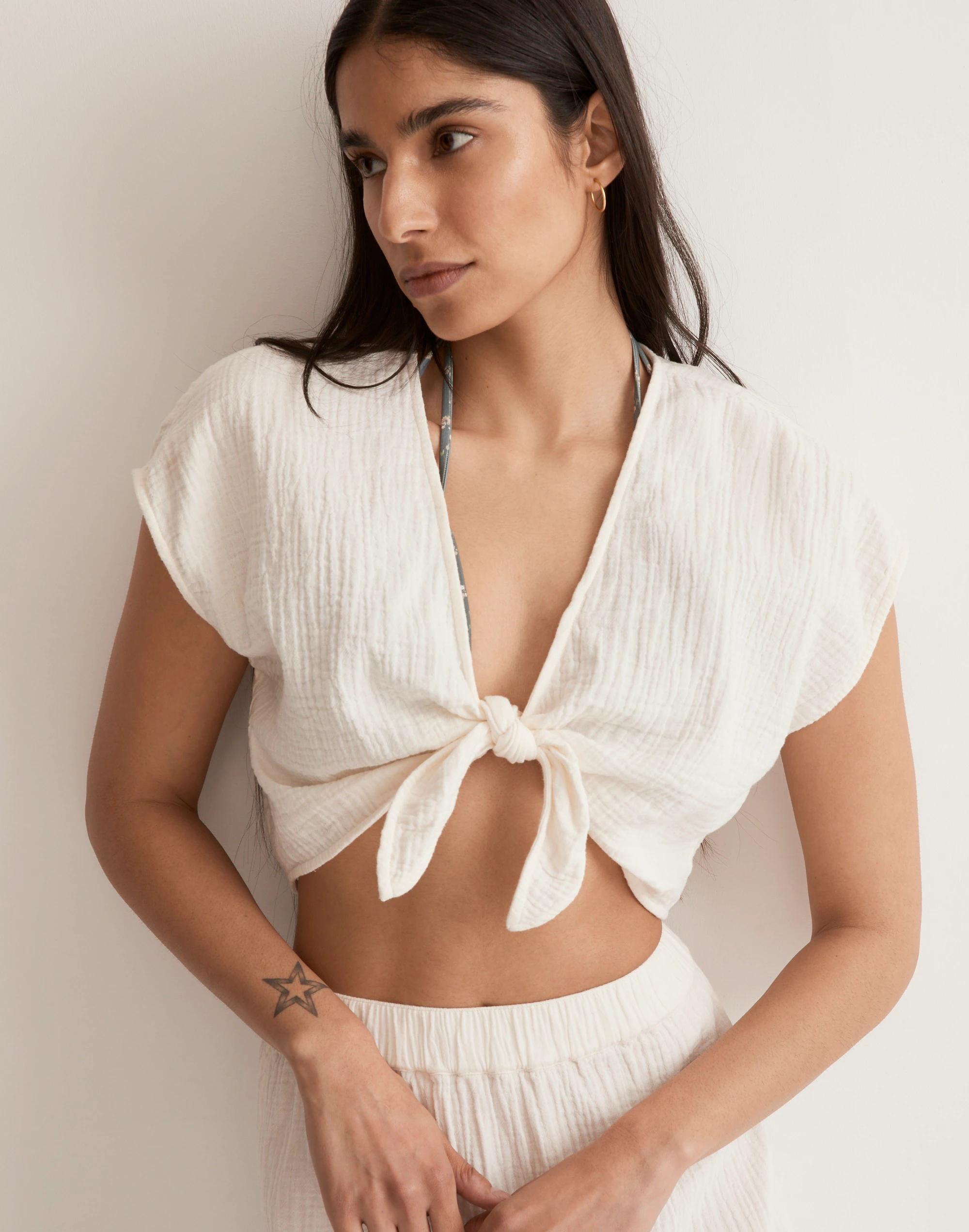 Double-Gauze Tie-Front Cropped Top Product Image