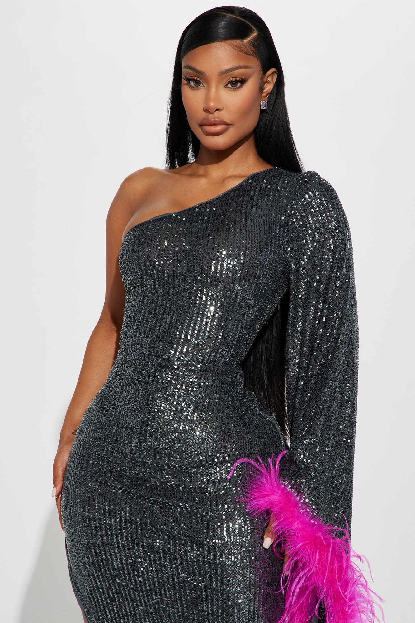 Bella Feathered Maxi Dress - Gunmetal/Pink Product Image