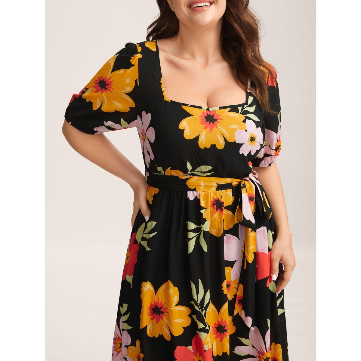 Plus Size Rayon Sunkissed Florals Belted Pockets Midi Dress Black Women Heart neckline Short sleeve Curvy BloomChic 22-24/3X Product Image