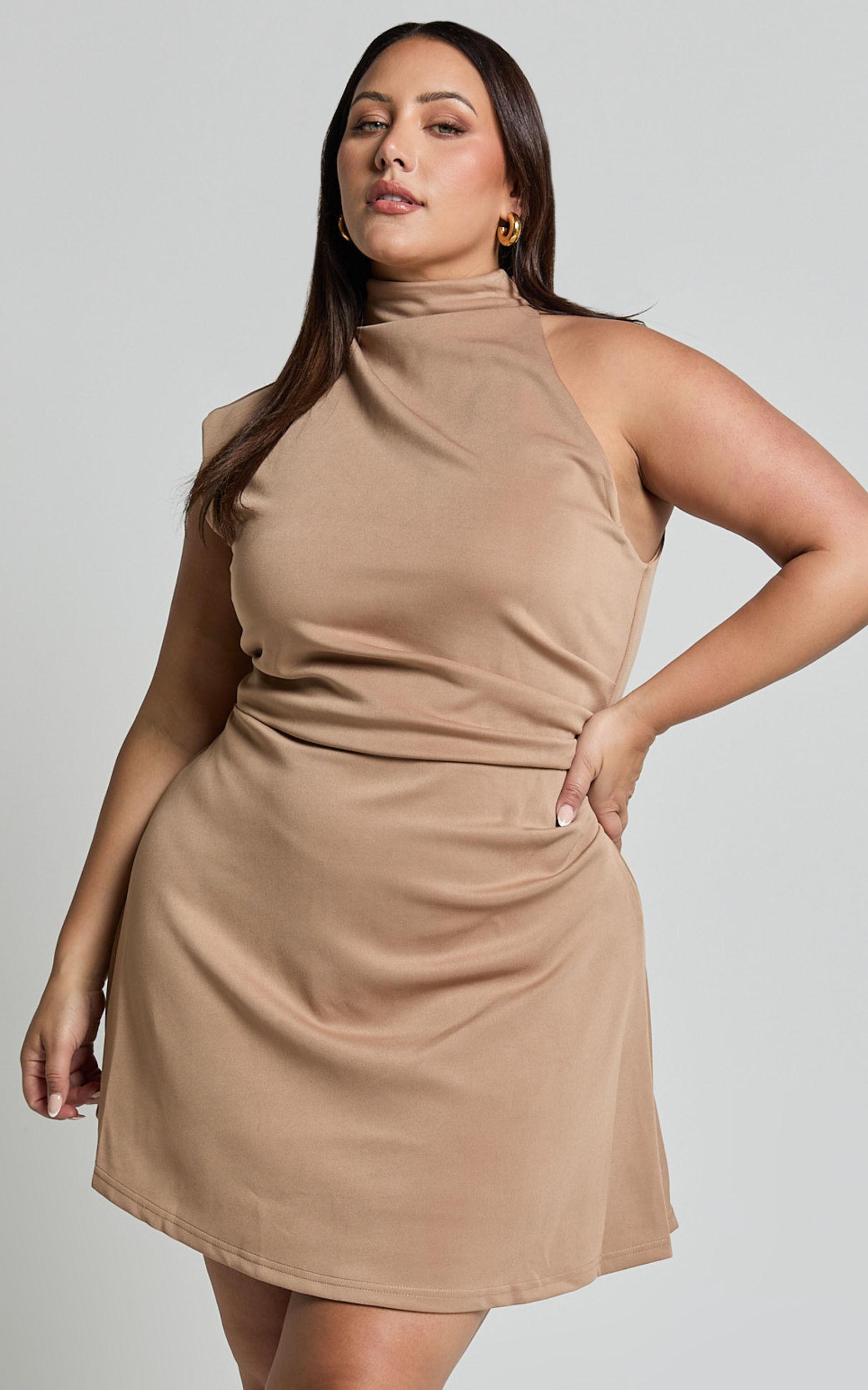 Rubie Mini Dress - High Neck Asymmetrical One Shoulder Dress in Mocha Product Image