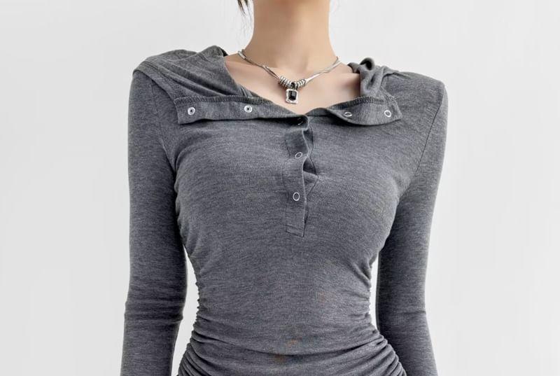 Long-Sleeve Plain Hooded Drawstring Shirred T-Shirt Product Image