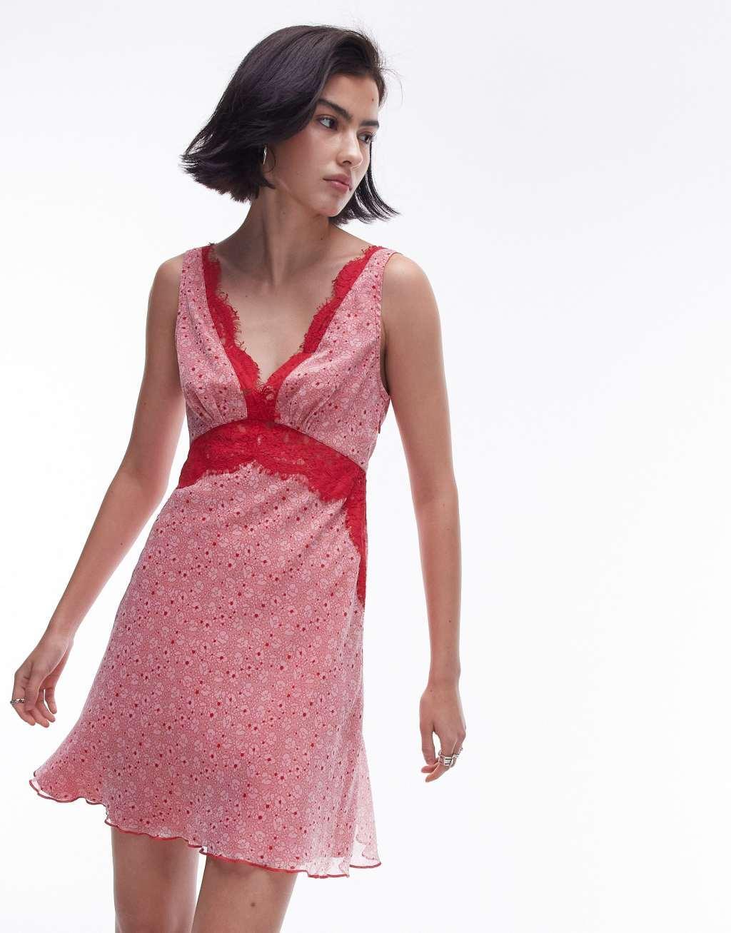 Topshop floral lace mini flippy dress in red print Product Image