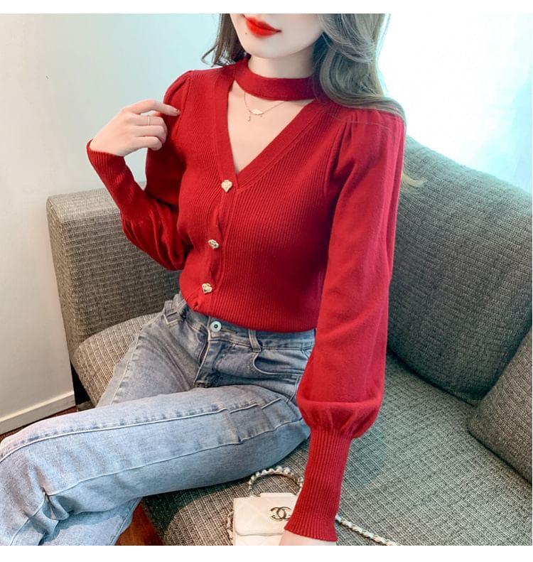 Long-Sleeve Halter Plain Cutout Heart Button Ribbed Knit Top Product Image