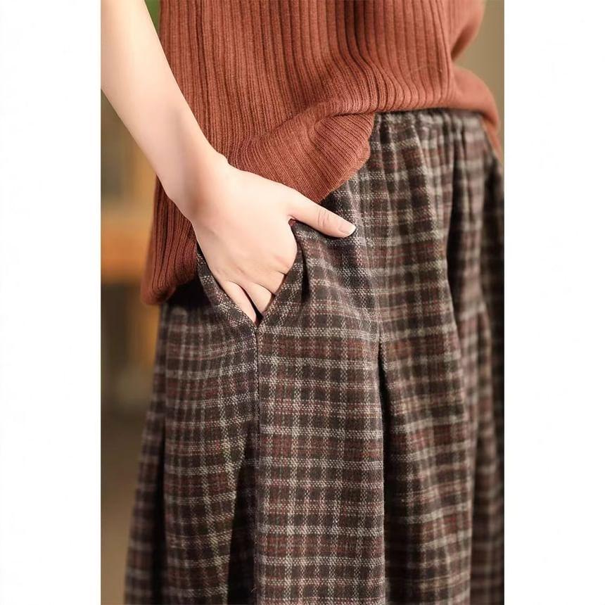 High Waist Plaid Maxi A-Line Skirt Product Image