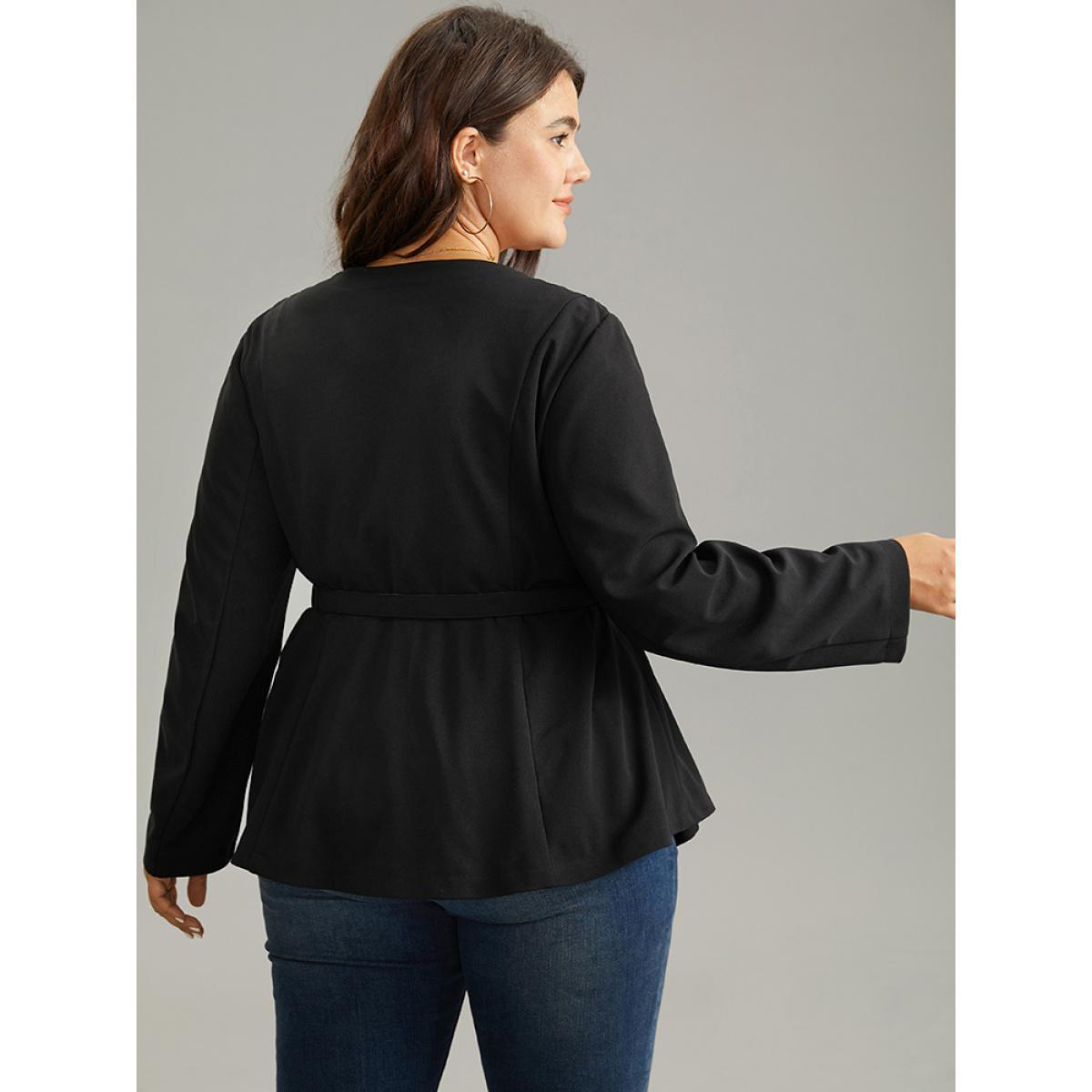 Plus Size Solid Pleated Button Up Belted Blazer Black Women Work Plain Plain Sleeve Long Sleeve Open Front 10/M Belt Work From Home Blazers BloomChic Product Image
