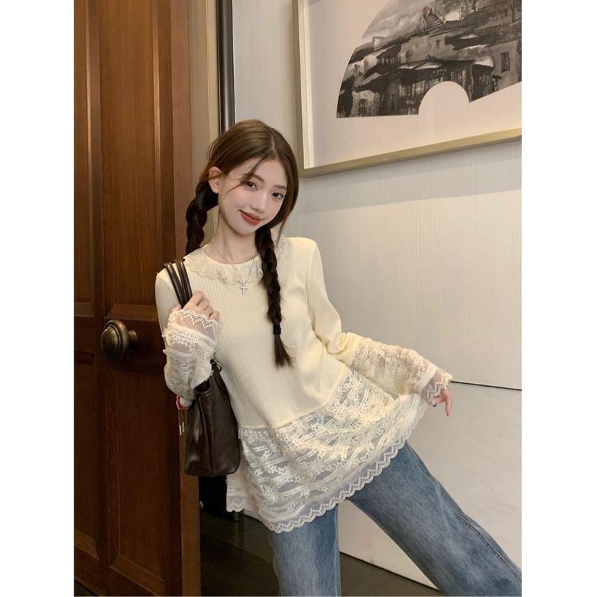 Long Sleeve Faux Leather Bow Accent Loose-Fit Jacket / Long Sleeve Plain Lace Panel Top Product Image