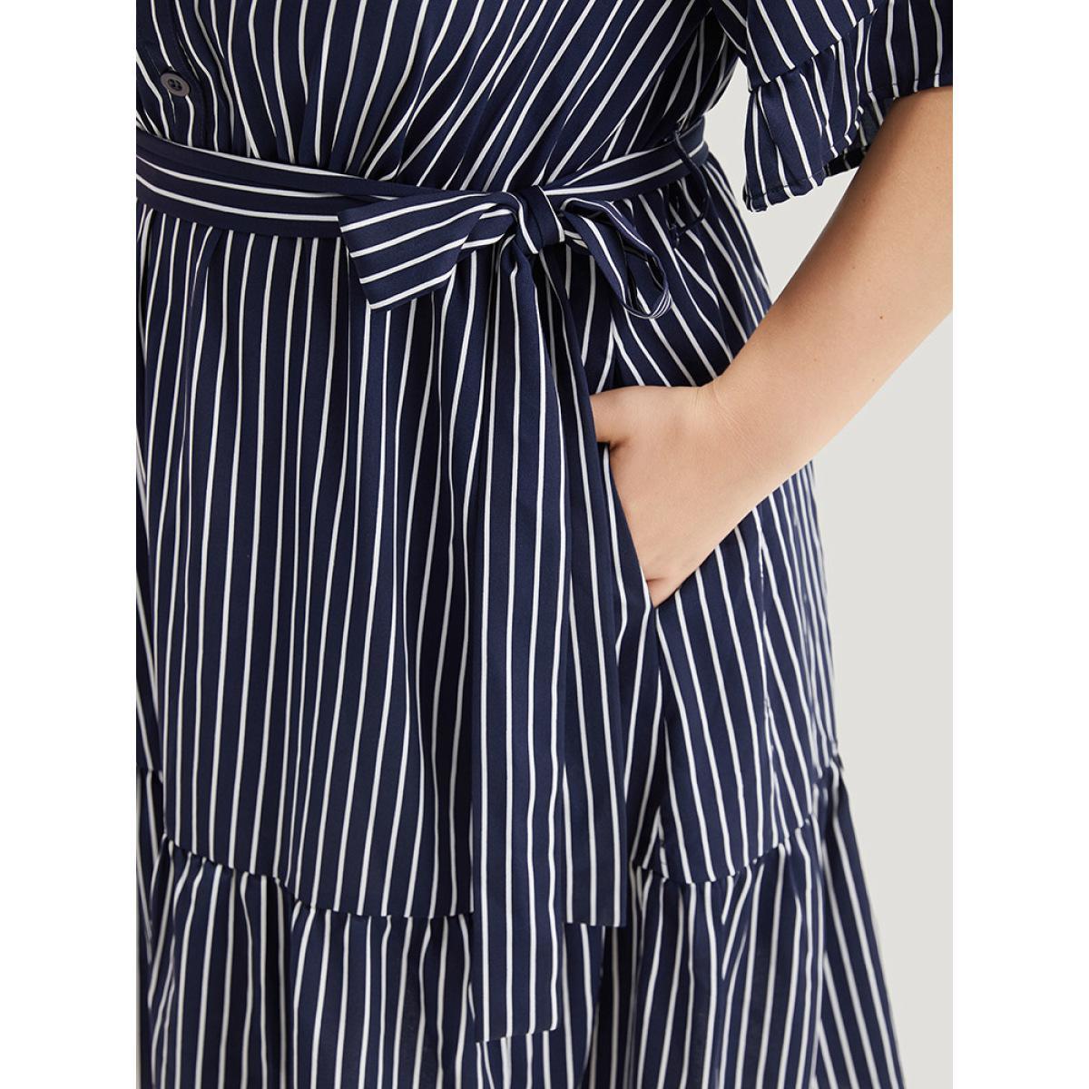 Plus Size Striped Belted Button Detail Flutter Sleeve Dress DarkBlue Women Casual Belted V-neck Short sleeve Curvy Midi Dress BloomChic 22-24/3X Product Image