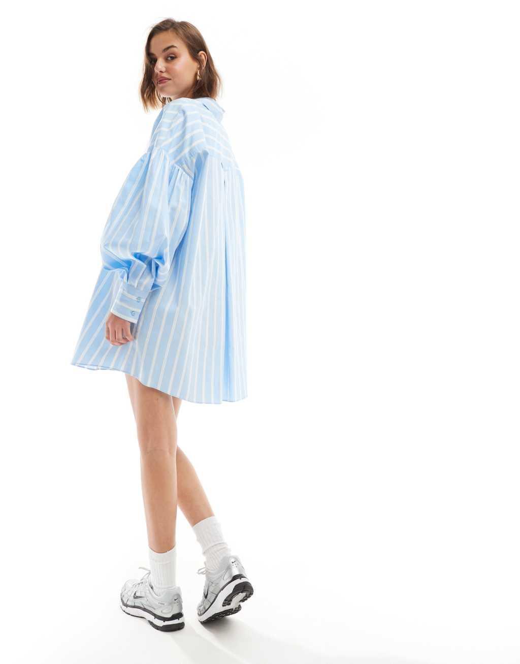 ASOS DESIGN boyfriend shirt mini dress with blouson sleeve in light blue & white stripe Product Image