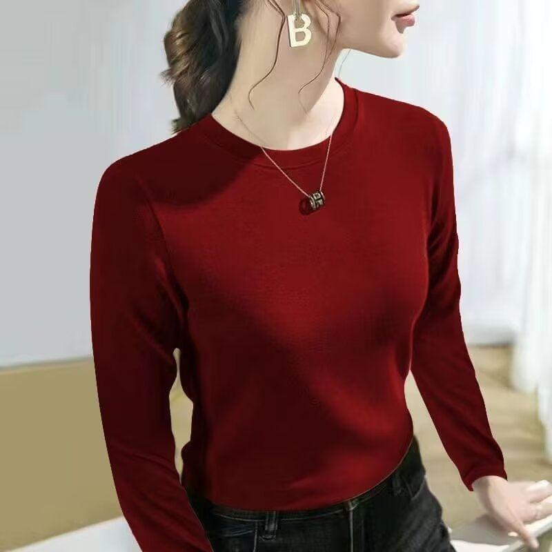 Long-Sleeve Round Neck Plain T-Shirt Product Image
