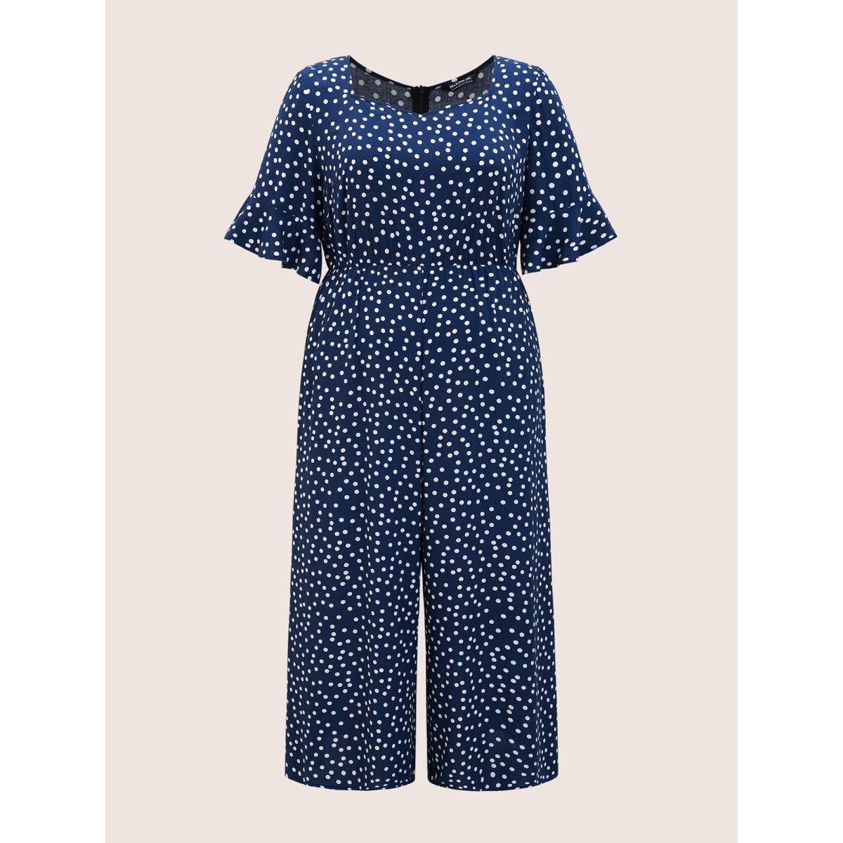 Plus Size Navy Rayon Heart Neckline Polka Dot Ruffles Jumpsuit Women Elegant Elbow-length sleeve Heart neckline Everyday Loose Jumpsuits BloomChic 12/L Product Image