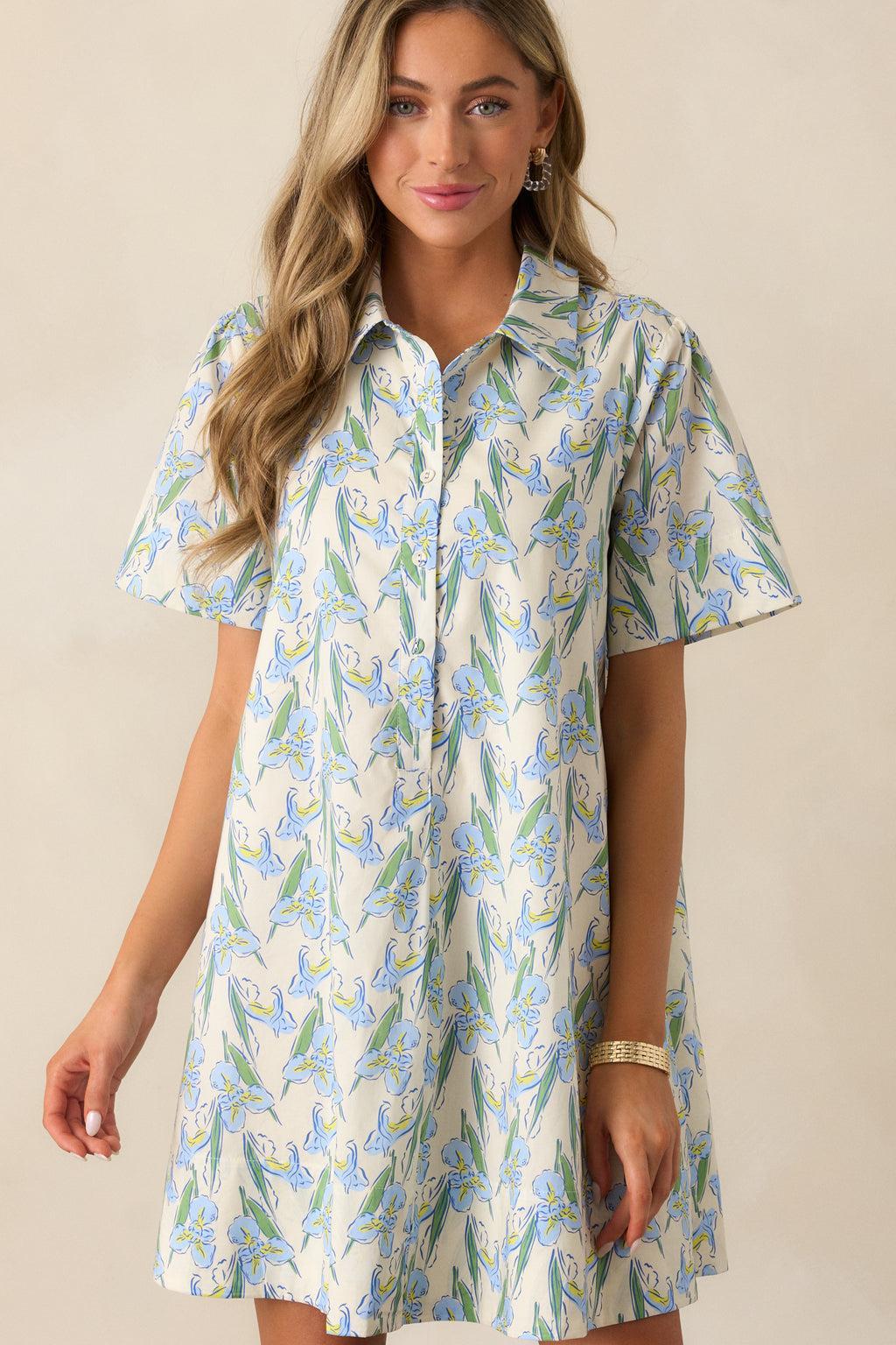 Oasis Of Calm Cotton Blue Floral Mini Dress Product Image