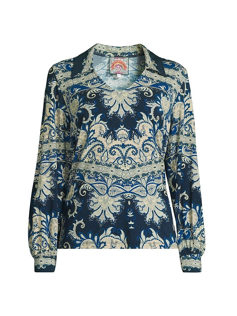 Womens The Janie Favorite Paisley Puff-Sleeve Polo Shirt Product Image