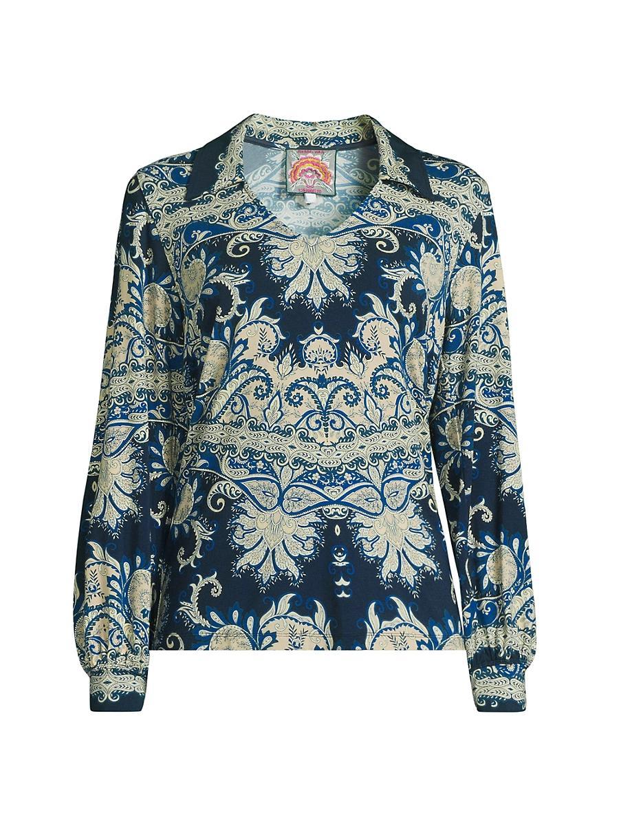 Womens The Janie Favorite Paisley Puff-Sleeve Polo Shirt Product Image