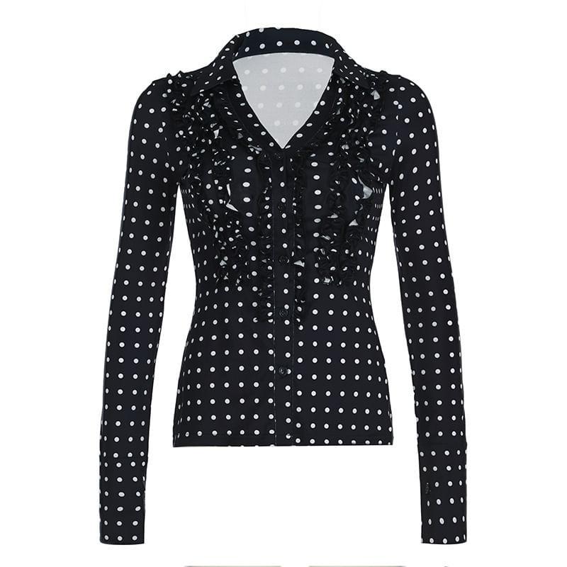 Bell Sleeve V-Neck Dotted Ruffled Slim-Fit Blouse Product Image