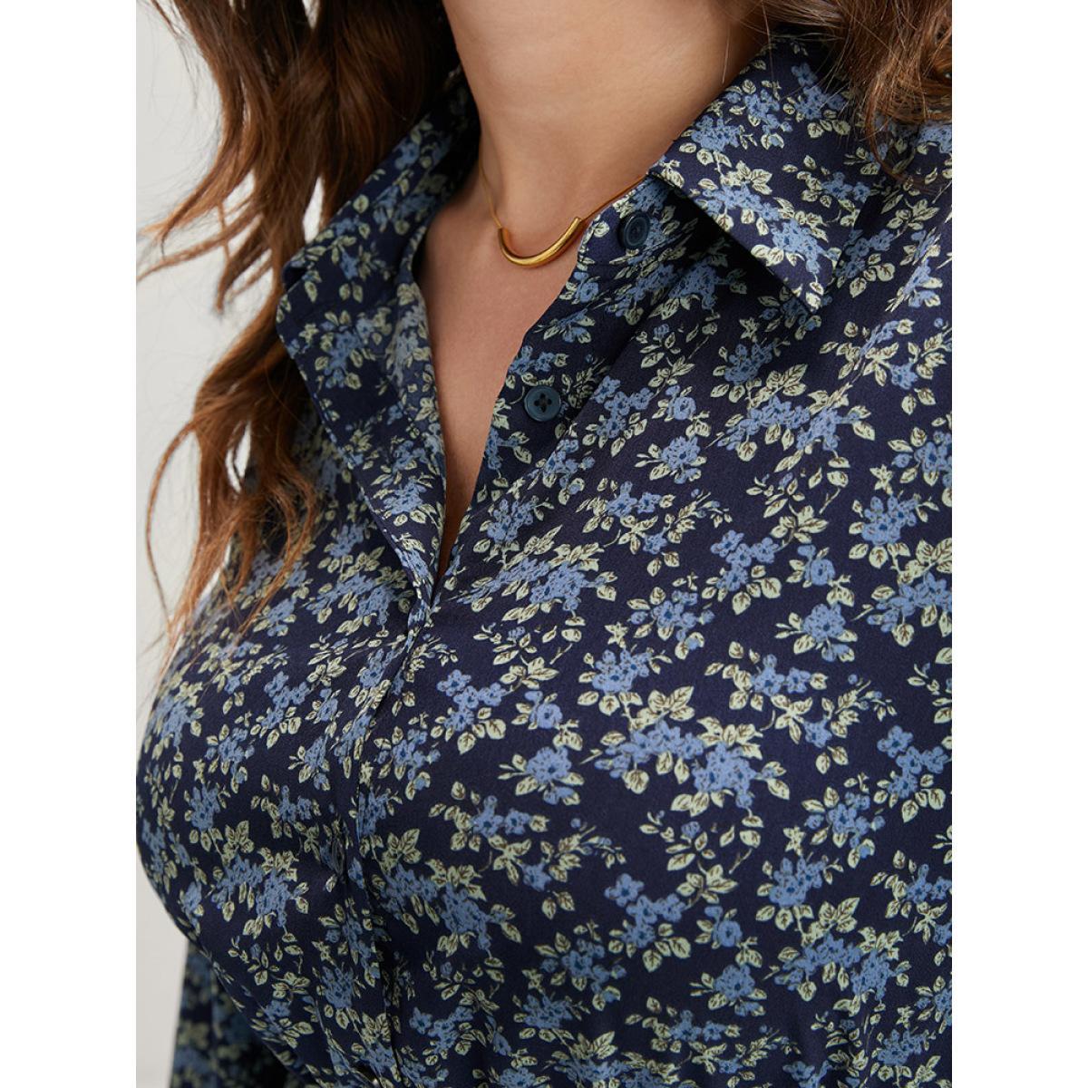 Plus Size Ditsy Floral Pocket Belted Shirt Collar Dress Indigo Women Elegant Elastic Waist Shirt collar Long Sleeve Curvy Midi Dress BloomChic 10/M Product Image