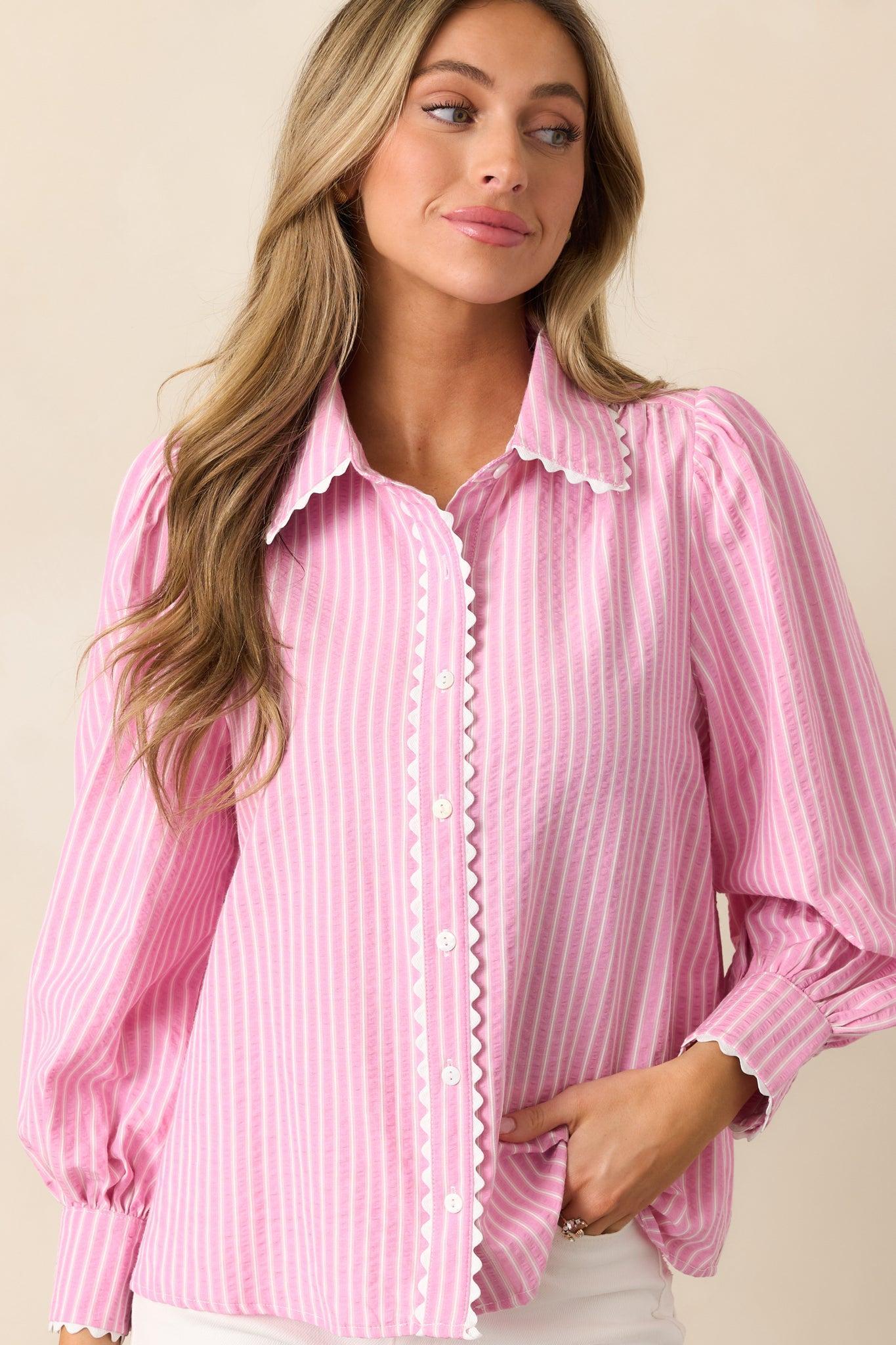 In the Quiet Shade Pink Button Front Blouse Product Image