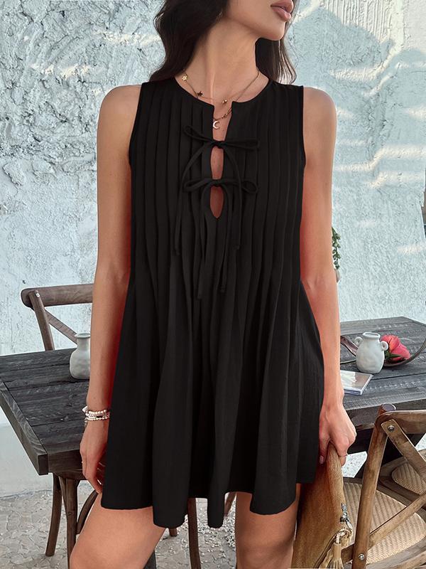 A-Line Loose Pleated Solid Color Tied Round-Neck Mini Dresses Vest Top Product Image