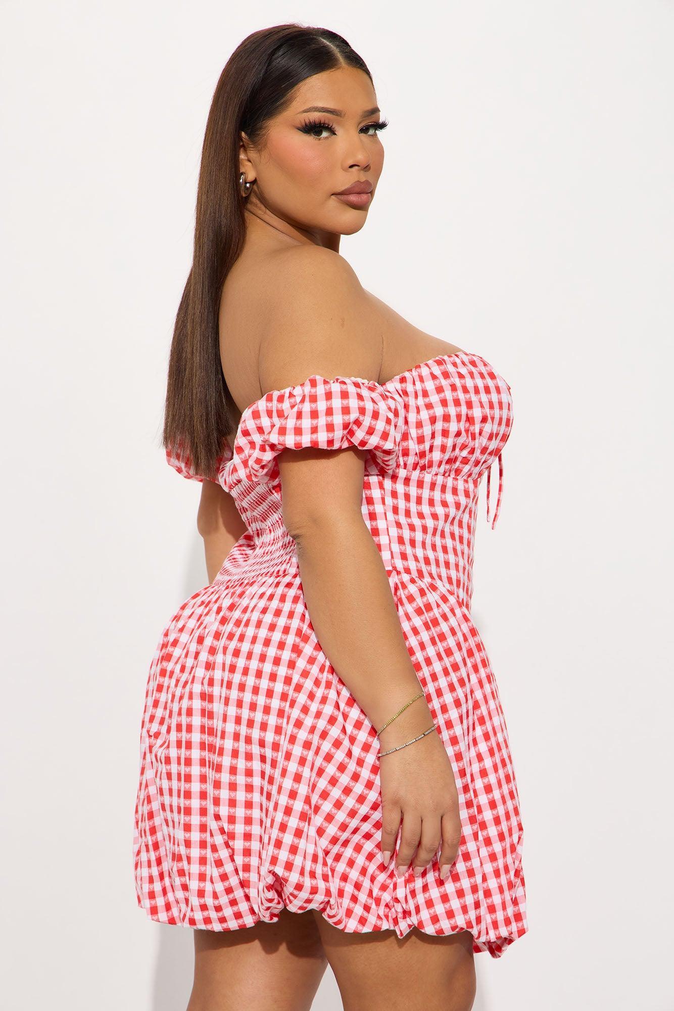 Sweetheart Gingham Bubble Mini Dress - Red Product Image