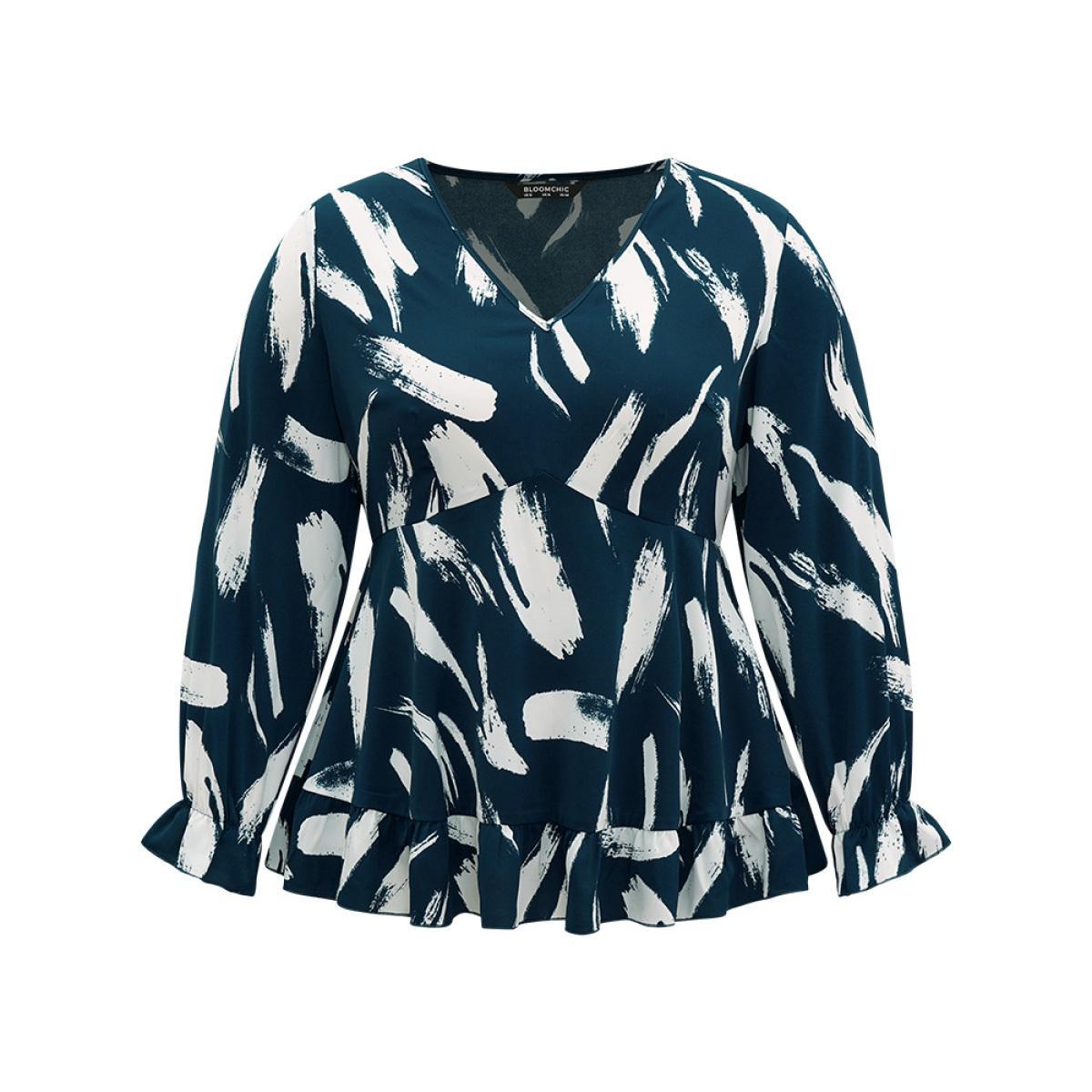 Plus Size Cyan Brush Print Elastic Waist V Neck Ruffles Blouse Women Office Long Sleeve V-neck Work Blouses BloomChic 18-20/2X Product Image