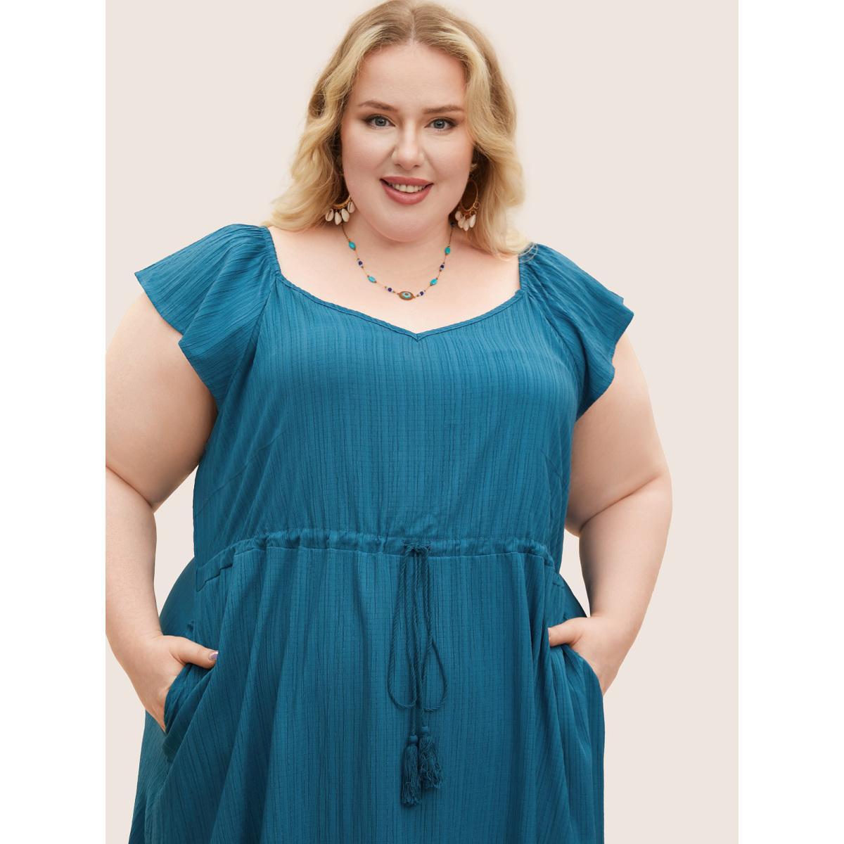 Plus Size Texture Drawstring Tie Knot Tassels Dress Cerulean Women Resort Tie knot V-neck Cap Sleeve Curvy BloomChic 10/M Product Image