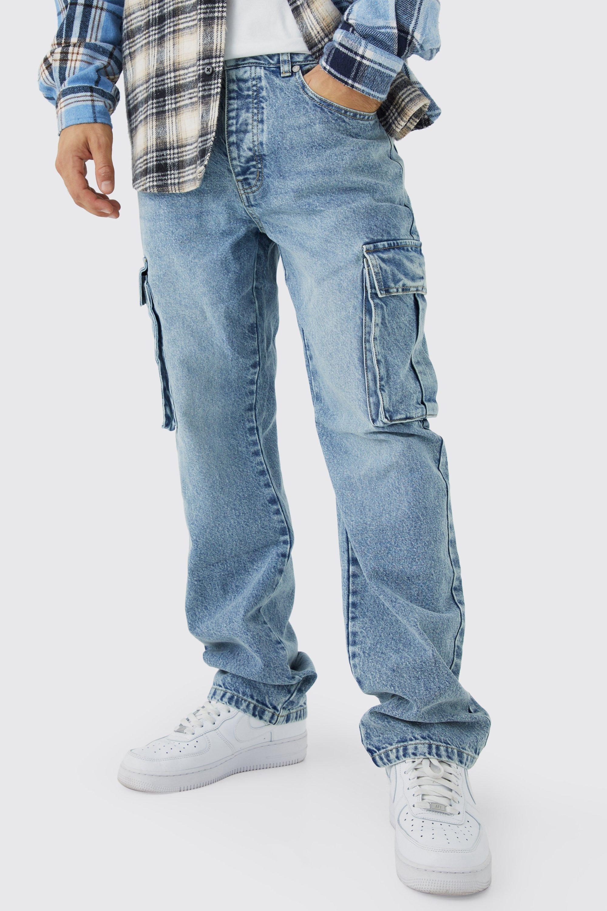 Mens Relaxed Rigid Cargo Jeans - Blue Product Image
