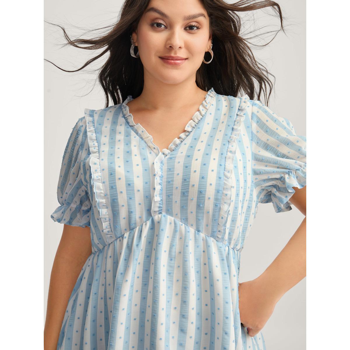 Plus Size Stone Textured Striped Print Ruffled Babydoll Top Women Short sleeve Deep V-neck Everyday-Elegant Blouses BloomChic 28/5X Product Image